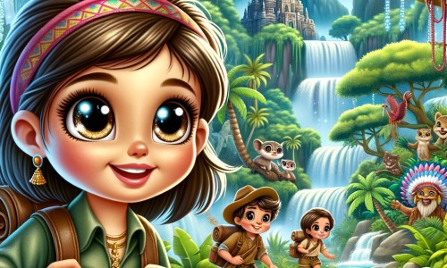 Une illustration destinée aux enfants représentant une petite fille aux grands yeux brillants, accompagnée de ses amis aventuriers, explorant une île exotique couverte de jungles luxuriantes, de cascades scintillantes et d'une grotte mystérieuse.
