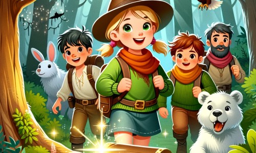 Une illustration destinée aux enfants représentant une petite fille intrépide, entourée de ses amis aventuriers, explorant une forêt dense et mystérieuse où se cachent des animaux sauvages et un trésor étincelant.