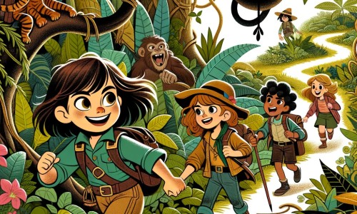 Une illustration destinée aux enfants représentant une petite fille intrépide, accompagnée de ses amis, se lançant dans une aventure palpitante à travers une forêt luxuriante et mystérieuse, à la recherche d'un trésor caché.