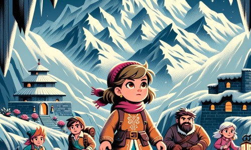 Une illustration destinée aux enfants représentant une petite fille courageuse et intrépide, accompagnée de ses amis, explorant une grotte mystérieuse située au pied d'une grande montagne enneigée.