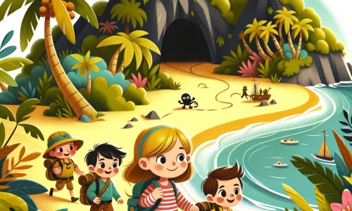 Une illustration destinée aux enfants représentant une petite fille intrépide, accompagnée de ses amis, explorant une île mystérieuse avec une plage de sable doré, une dense forêt tropicale, une grotte sombre et une montagne escarpée.
