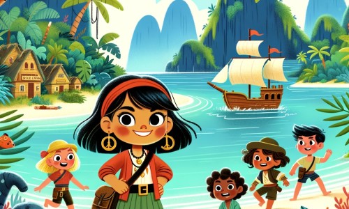 Une illustration pour enfants représentant une petite fille intrépide qui part en expédition avec ses amis sur une île mystérieuse pour trouver un trésor perdu et vaincre une malédiction.
