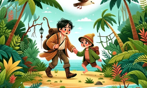 Une illustration destinée aux enfants représentant un petit garçon intrépide, se trouvant dans une jungle luxuriante sur une île mystérieuse, accompagné d'un autre enfant perdu qu'il aide à retrouver sa famille.