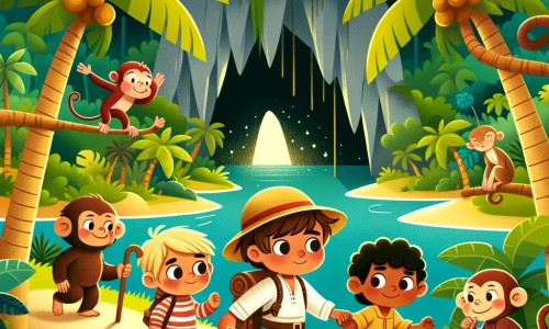 Une illustration destinée aux enfants représentant un petit garçon intrépide, accompagné de ses amis, explorant une île tropicale luxuriante parsemée de palmiers majestueux, de singes espiègles et d'une mystérieuse caverne scintillante.