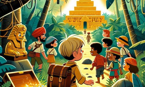 Une illustration pour enfants représentant un petit aventurier courageux et curieux se trouvant sur une île mystérieuse.