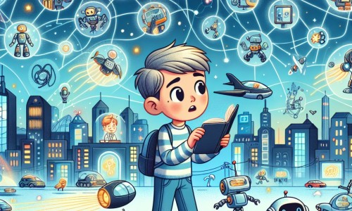 Une illustration destinée aux enfants représentant un jeune garçon curieux évoluant dans une ville futuriste remplie de voitures volantes, de robots serviteurs et d'écrans holographiques étincelants, tandis qu'il enquête sur la mystérieuse disparition des robots avec l'aide d'un scientifique excentrique.