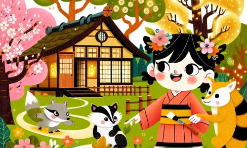 Une illustration destinée aux enfants représentant une femme bienveillante vivant dans une petite maison au bord d'une forêt mystérieuse au Japon, accompagnée de personnages magiques tels qu'un blaireau souriant et un renard malicieux, dans un paysage enchanteur avec des cerisiers en fleurs et des arbres dorés illuminant la forêt.