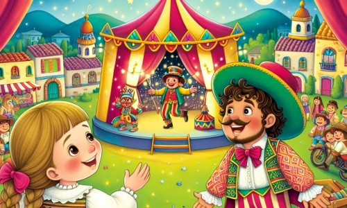 Une illustration destinée aux enfants représentant une petite fille émerveillée par un cirque coloré, accompagnée d'un jongleur talentueux, dans un chapiteau scintillant au cœur d'un village pittoresque.