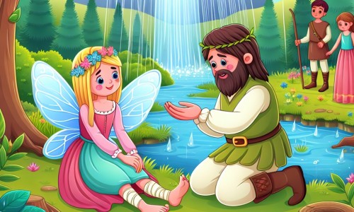 Une illustration destinée aux enfants représentant un homme au cœur pur, rencontrant une fée blessée dans une clairière enchantée au milieu d'une forêt luxuriante, alors qu'une pluie bienfaisante arrose un royaume en proie à la sécheresse.