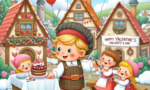 Une illustration destinée aux enfants représentant un petit garçon plein d'énergie qui organise une fête surprise de la Saint-Valentin avec ses amis dans un village pittoresque, où les maisons sont décorées de ballons et de guirlandes colorées.