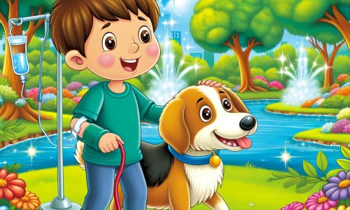Une illustration destinée aux enfants représentant un petit garçon plein de vie, confronté à la maladie, accompagné d'un nouvel ami, dans un parc verdoyant avec des arbres majestueux, des fleurs colorées et un lac scintillant.