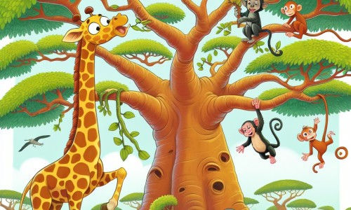 Une illustration destinée aux enfants représentant une girafe gourmande dans la savane africaine, accompagnée de ses amis animaux, découvrant un arbre géant aux feuilles d'acacia gigantesques, tandis que des singes jouent dans les branches d'un immense baobab.