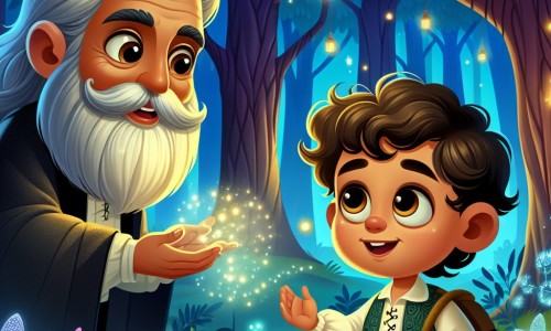 Une illustration destinée aux enfants représentant un petit garçon curieux et espiègle, accompagné d'un vieux magicien à la barbe grise, dans une forêt enchantée aux arbres majestueux et aux fleurs lumineuses.
