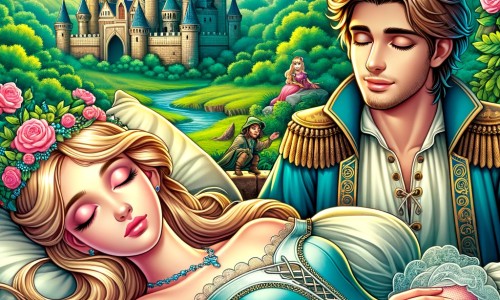 Une illustration destinée aux enfants représentant une belle princesse endormie, victime d'une malédiction, avec pour seul espoir un prince charmant, dans un château enchanteur entouré d'une forêt luxuriante.