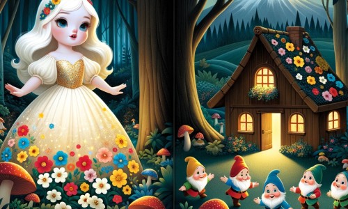 Une illustration pour enfants représentant une jeune fille à la beauté éclatante, cherchant refuge dans une petite maison de sept nains maladroits, dans une grande forêt mystérieuse et dangereuse.
