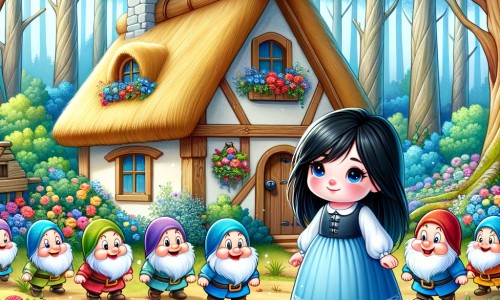 Une illustration pour enfants représentant une jeune fille au teint de porcelaine, poursuivie par une belle-mère jalouse, dans une forêt enchantée habitée par des nains.