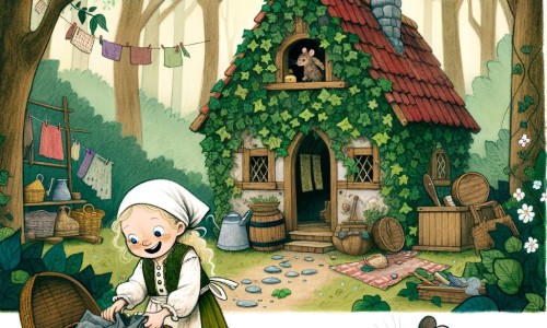 Une illustration destinée aux enfants représentant une jeune fille aux vêtements déchirés et sales, entourée de corvées, accompagnée d'une souris espiègle, dans une petite maison en bois recouverte de lierre, perdue au milieu d'une forêt enchantée.