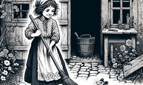 Une illustration pour enfants représentant une jeune fille en haillons, astreinte à des tâches ménagères, qui se rend au bal organisé dans un château enchanté.