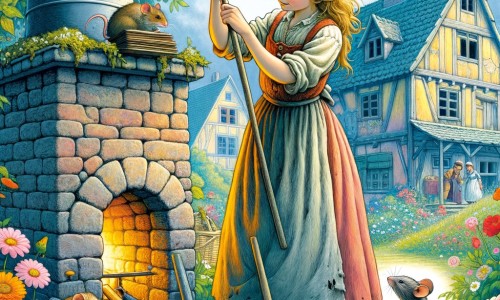 Une illustration pour enfants représentant une jeune fille aux vêtements défraîchis, en train de nettoyer avec tristesse une grande maison, dans un petit village enchanté.