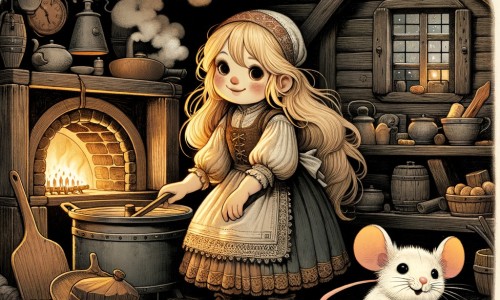 Une illustration pour enfants représentant une jeune fille aux vêtements usés, accomplissant des tâches ménagères dans une petite maisonnette en bordure de la forêt enchantée.