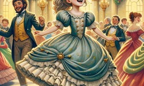 Une illustration pour enfants représentant une jeune fille aux vêtements défraîchis, en train de danser joyeusement dans un somptueux bal royal, qui se déroule dans un royaume enchanté.