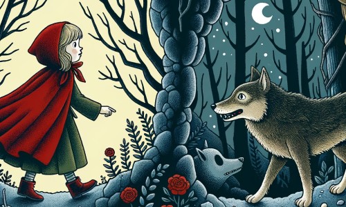 Une illustration pour enfants représentant une petite fille coiffée d'un chaperon rouge marchant dans une forêt sombre, où elle rencontrera un loup rusé et affamé.
