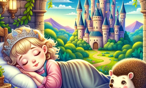 Une illustration destinée aux enfants représentant une jeune fille endormie dans un château ensorcelé, accompagnée d'un hérisson curieux, dans un royaume lointain où les jardins luxuriants et les hautes tours se dressent majestueusement.