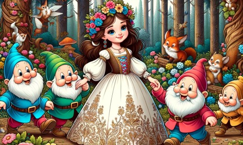 Une illustration destinée aux enfants représentant une jeune princesse orpheline, accompagnée de quatre nains farceurs, dans une forêt enchantée remplie de fleurs colorées, d'arbres majestueux et d'animaux curieux.