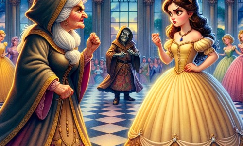 Une illustration pour enfants représentant une princesse rebelle, confrontée à une méchante belle-mère et à un bal enchanté, dans un royaume lointain.