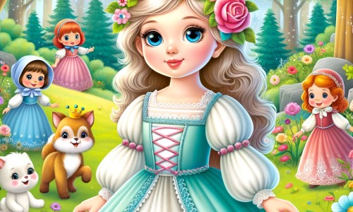 Une illustration destinée aux enfants représentant une jeune princesse au teint de porcelaine, se trouvant dans une forêt enchantée pleine de fleurs colorées, accompagnée d'une joyeuse troupe de petits animaux.