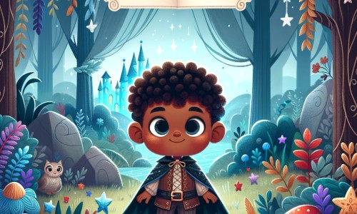Une illustration pour enfants représentant un minuscule héros malin, se trouvant au cœur d'une aventure magique dans une mystérieuse forêt enchantée.