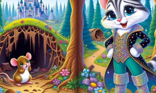 Une illustration destinée aux enfants représentant un félin malicieux, vêtu de bottes étincelantes, se trouvant face à une souris pleurant devant un terrier détruit, dans une forêt enchantée aux arbres majestueux et aux fleurs multicolores.