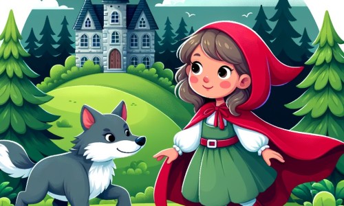 Une illustration pour enfants représentant une jeune fille vêtue d'une cape rouge, se baladant dans une sombre forêt enchantée.