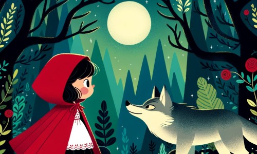 Une illustration pour enfants représentant une jeune fille intrépide, vêtue d'un chaperon rouge, se retrouvant face à un loup rusé dans une mystérieuse forêt enchantée.