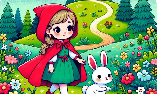 Une illustration pour enfants représentant une jeune fille en cape rouge, ayant échappé de peu aux crocs d'un loup, qui retrouve son chemin dans les vastes champs verdoyants qui entourent sa maison.