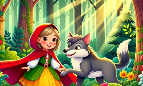 Une illustration pour enfants représentant une jeune fille vêtue d'une cape rouge, se promenant dans une forêt mystérieuse, où elle rencontre un loup rusé et tente de lui jouer des tours.