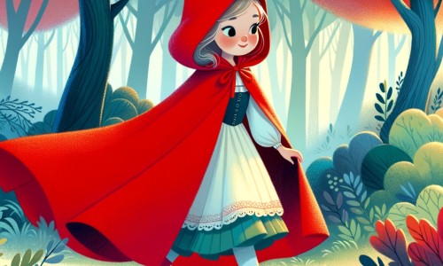 Une illustration pour enfants représentant une jeune fille vêtue d'une cape rouge éclatante, se promenant dans une forêt enchantée.