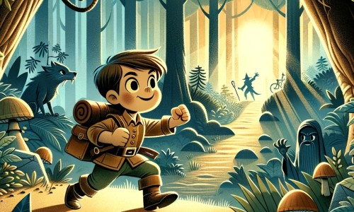 Une illustration pour enfants représentant un courageux minuscule aventurier, plongé dans une quête fantastique, au cœur d'une sombre et mystérieuse forêt enchantée.