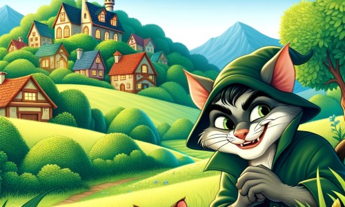 Une illustration pour enfants représentant un chat malicieux et futé, se trouvant dans un village enchanté entouré de champs verdoyants.