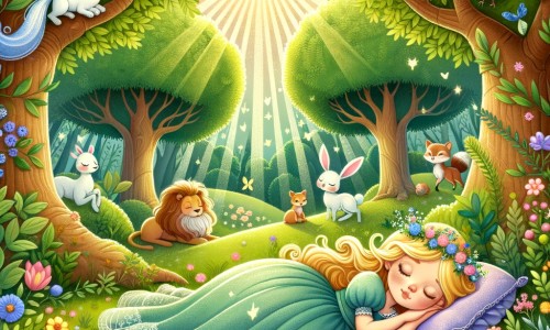 Une illustration pour enfants représentant une princesse endormie depuis longtemps dans un château, où tout le monde essaye de la réveiller avec des méthodes différentes, mais en vain.