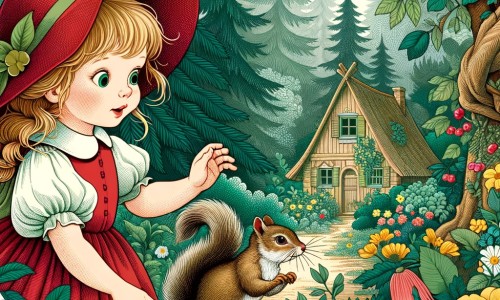 Une illustration pour enfants représentant une jeune fille au chaperon écarlate, se perdant dans une forêt enchantée, où des rencontres surprenantes l'attendent.