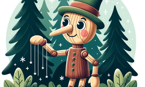 Une illustration pour enfants représentant un joyeux pantin en bois au nez qui grandit, se retrouvant dans une forêt enchantée.