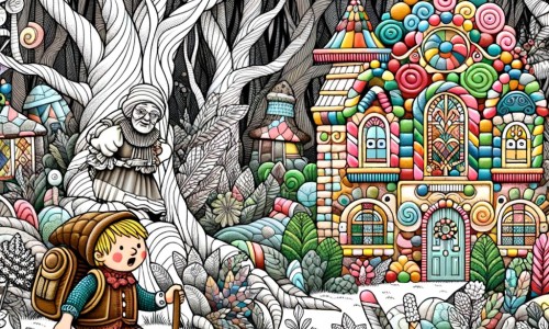 Une illustration destinée aux enfants représentant un jeune aventurier malin, perdu dans une forêt enchantée, découvrant une maison en bonbons gardée par une vieille dame mystérieuse.