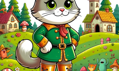 Une illustration pour enfants représentant un chat malicieux, chaussé de bottes magiques, se préparant à affronter une aventure fantastique dans un village enchanté.