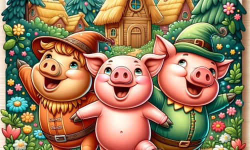 Une illustration pour enfants représentant trois petits cochons espiègles, se moquant des contes de fées, dans une forêt enchantée où ils construisent des maisons farfelues.