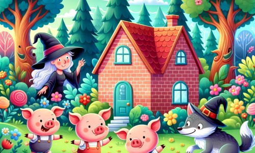 Une illustration destinée aux enfants représentant trois petits cochons malicieux, vivant dans une charmante maisonnette en brique, se jouant des méchants sorcières et loups, dans une forêt enchantée remplie de fleurs colorées et d'arbres majestueux.