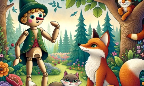 Une illustration destinée aux enfants représentant un petit pantin en bois, avec un nez qui grandit, accompagné d'un renard rusé et d'un chat sournois, dans une forêt enchantée pleine de fleurs colorées et d'arbres majestueux.