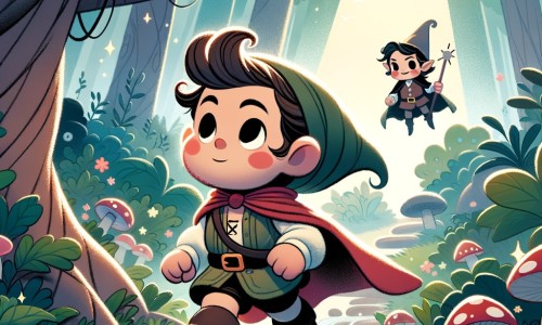 Une illustration pour enfants représentant un minuscule héros malicieux, se lançant dans une aventure féerique au cœur d'une mystérieuse forêt enchantée.