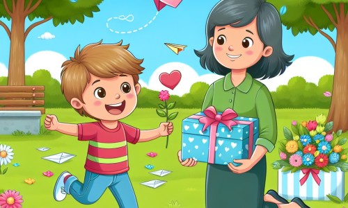 Une illustration destinée aux enfants représentant un petit garçon plein d'énergie et de joie, préparant une surprise pour sa maman lors de la fête des mères, accompagné d'un adorable avion en papier, dans un parc verdoyant parsemé de fleurs colorées.