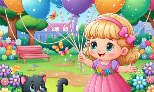 Une illustration destinée aux enfants représentant une petite fille rayonnante, entourée de ballons colorés, qui découvre un chaton noir perdu dans un parc enchanteur rempli de fleurs multicolores.
